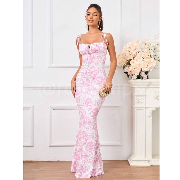 Floral Print Pink on White Long Dress Sheath, Drawstring Ties Maxi Stretchy - Picture 8 of 15